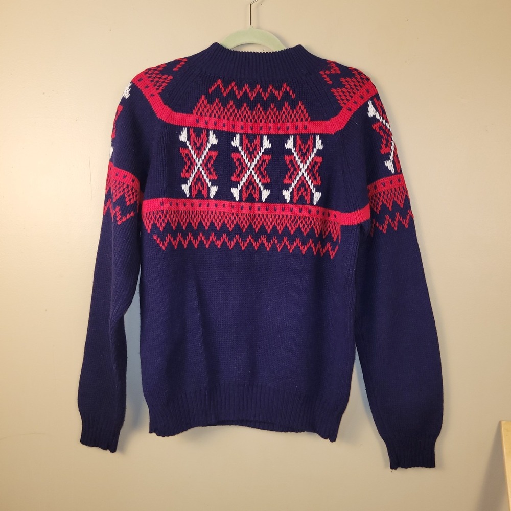 Vintage 80s Fair‎ Isle Nordic Ski Sweater Mens M Acrylic Blue Red Knit